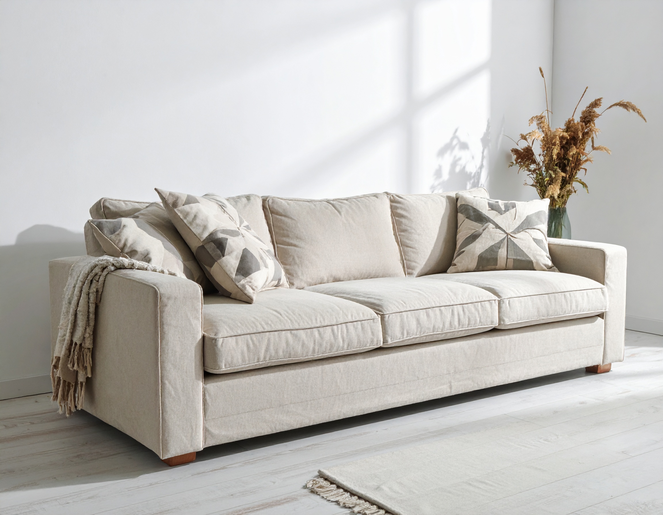 Un canapé 3 places en tissu gris recyclé avec des coussins assortis, placé dans un salon moderne.