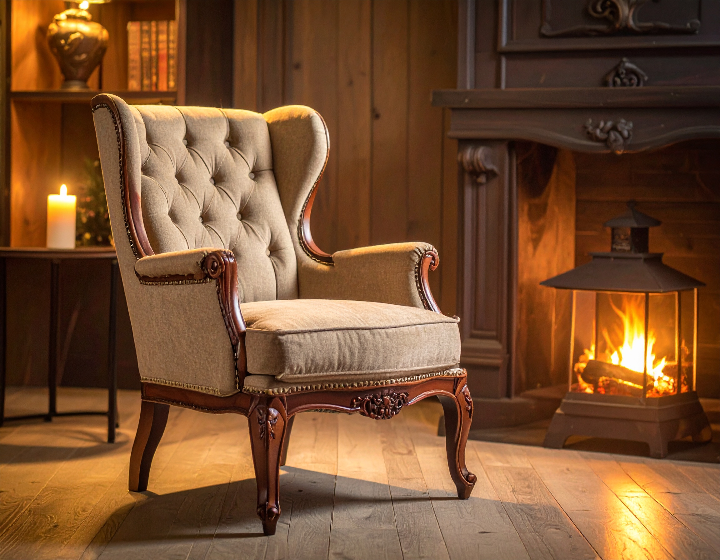 Une chaise en noyer avec une assise rembourrée en tissu gris, placée dans une salle à manger moderne.