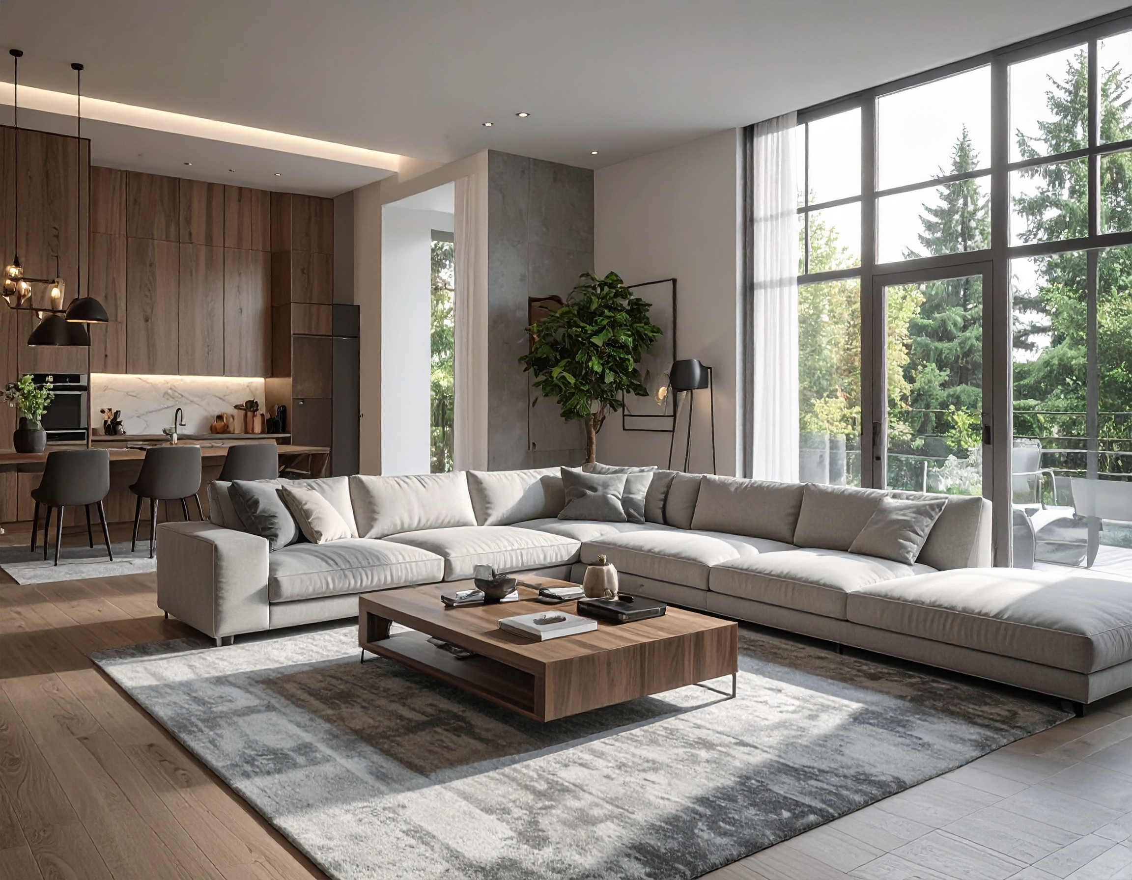 Un salon moderne avec un canapé en tissu gris, une table basse en bois clair et une étagère murale minimaliste.